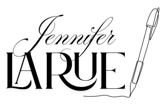 "Jennifer LaRue" written in stylized font, with a pen-and-ink-style drawing of a pen. The pen is underlining the last two letters of "LaRue."
